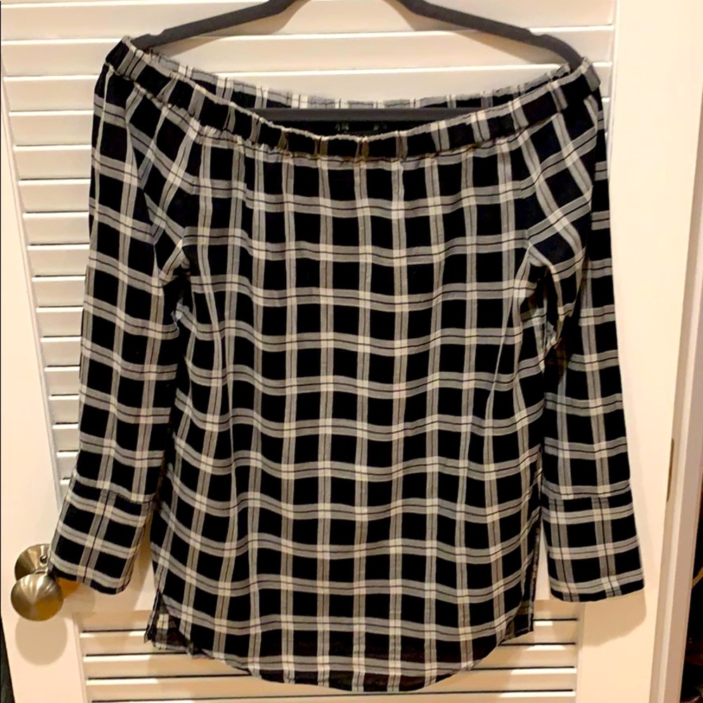 Rag and Bone off the shoulder plaid shirt